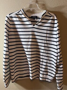 A.P.C. Striped V-Notch Sweater - White & Navy